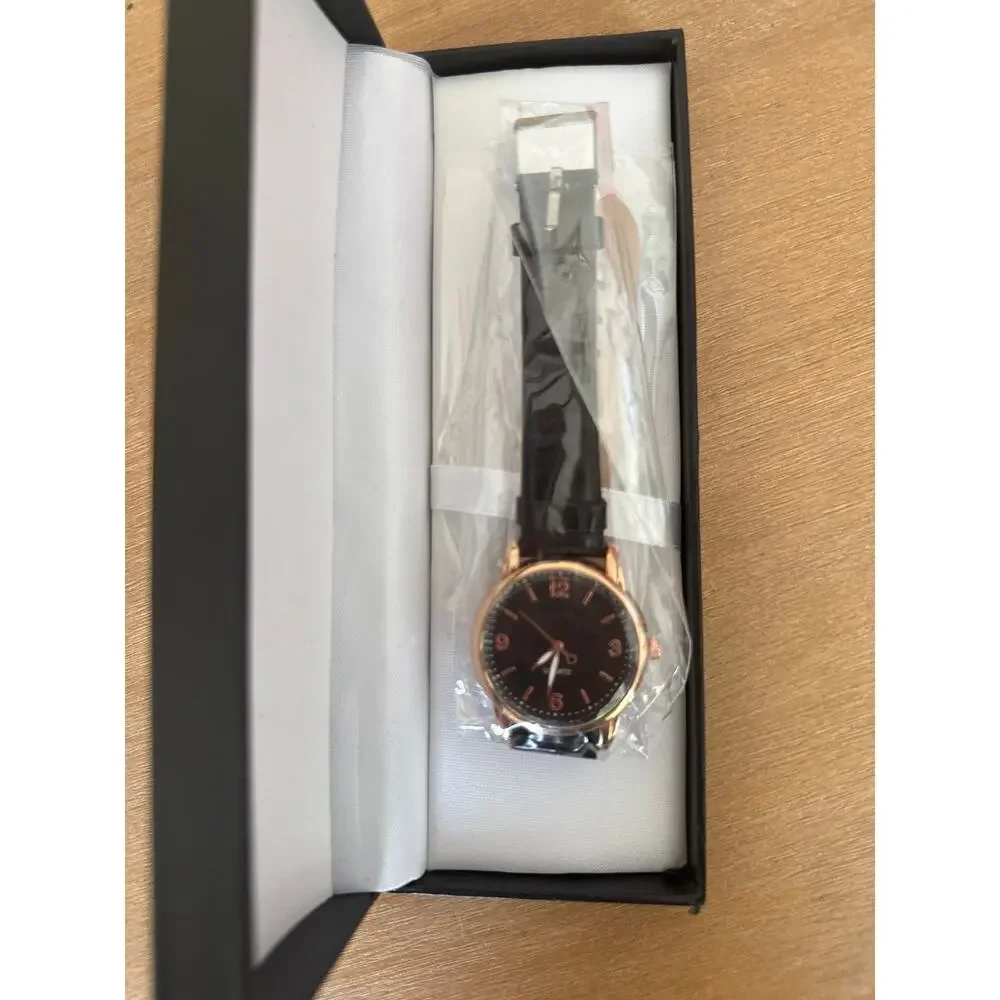Rose Gold Tone Quartz Wristwatch Black Face Croc Style Strap New with Box
